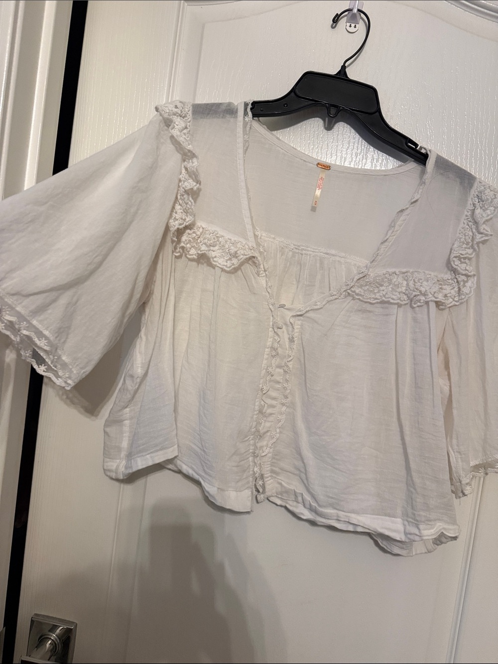 Free People Sheer White Lace-Trim Button Front Blouse - Picture 12 of 12